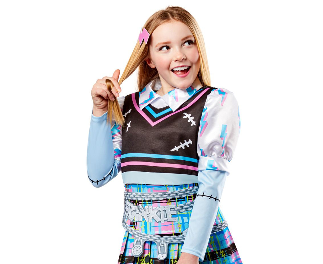 Role play-set for kids Frankie Stein digital printed dress with detachable belt accessory and lightning bolt hair clip, size M